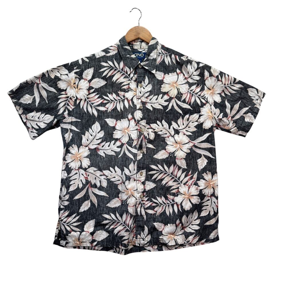 Ono Hawaiian Shirt Cotton Gray Leaf VTG Hibiscus Summer Dress Shirt Casual L